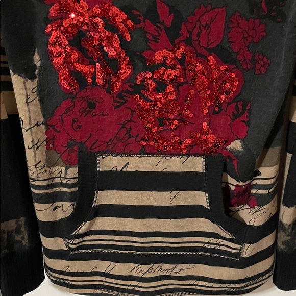 Joseph Ribkoff Black with Red Sequins Top with Cowl Neck & Hood Size 8 - Picture 3 of 6